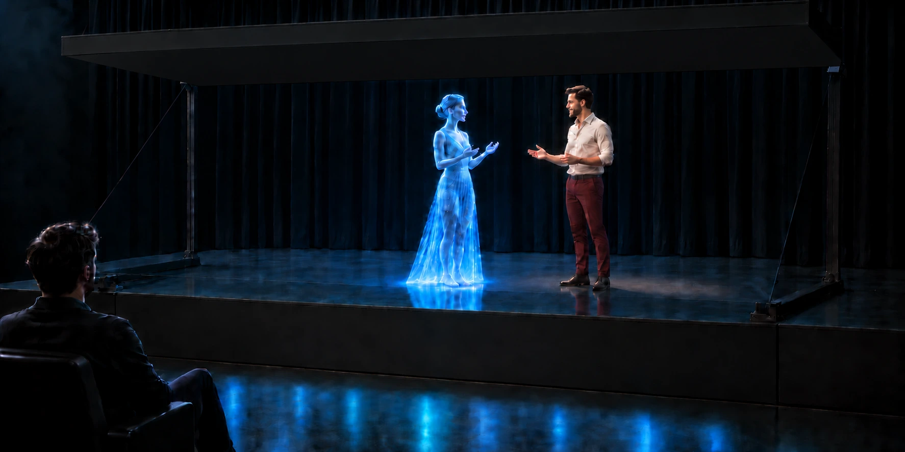 3D vizualizace pódia s téměř neviditelnou fólií, holografickou postavou a živým performerem